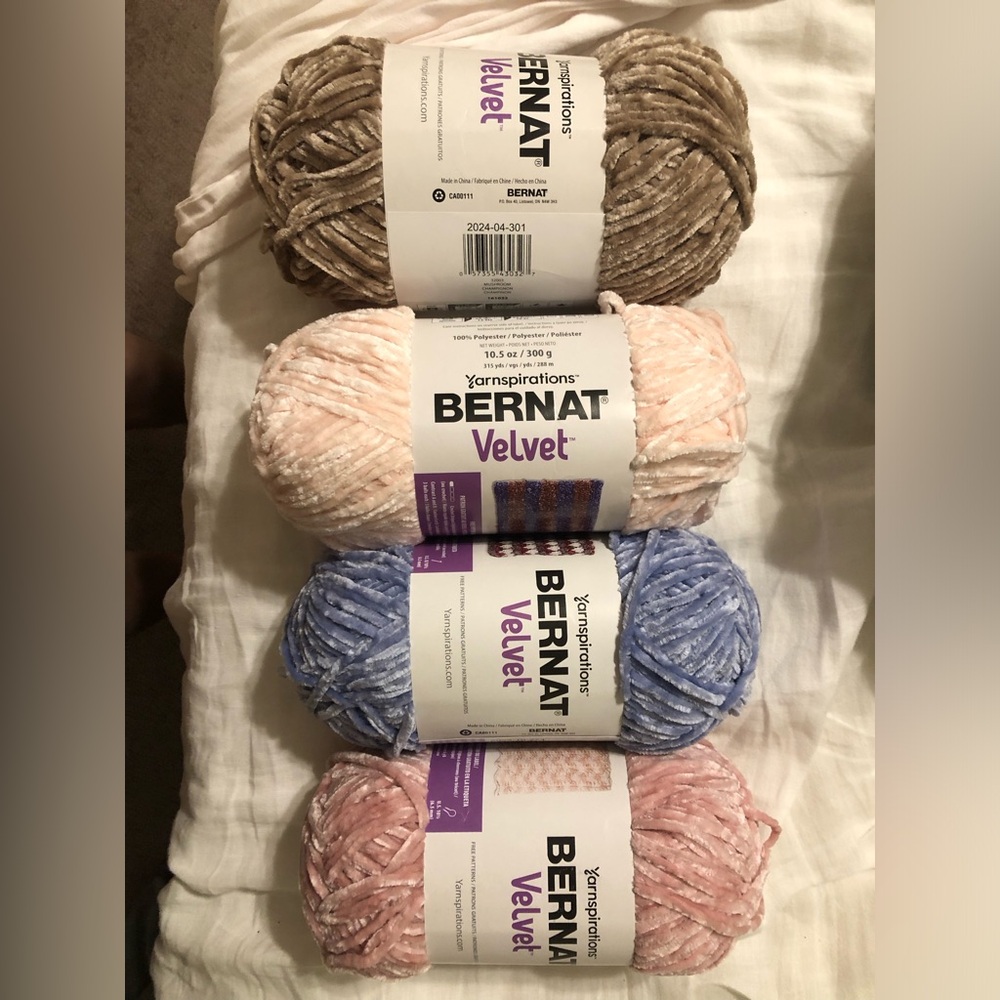 Bernat Velvet Yarn, NWT. Mushroom, blush pink, Smokey blue, quiet pink